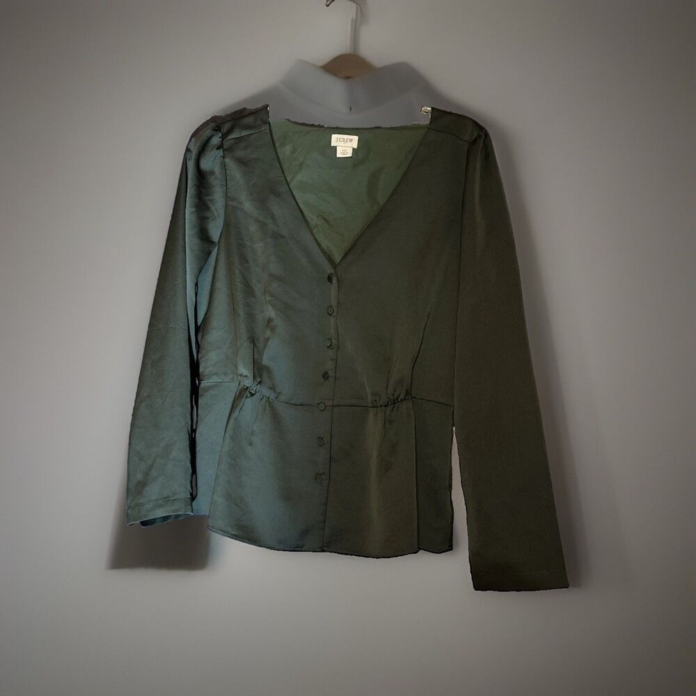 J. Crew Forest Green Satin Crepe Peplum Blouse V-Neck Long Sleeve Top K2682 Sz10